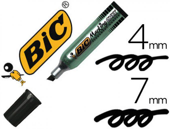 Marqueur BIC permanent onyx marker 1481 pointe biseautée tracé 4/7mm tous supports corps métal noir.