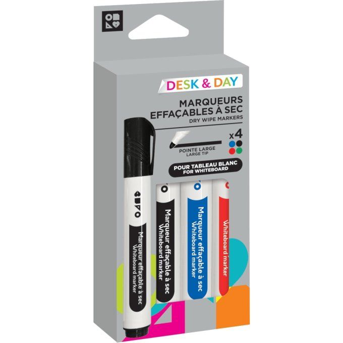 Pochette de 4 marqueurs tableaux blancs Desk and Day pointe ogive assortis. Large