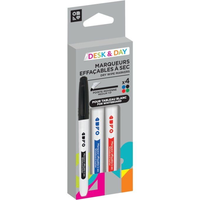 Pochette de 4 marqueurs tableaux blancs 4,0mm pointe moyenne assortis
