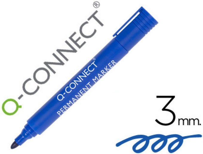 Marqueur Q-CONNECT permanent pointe ogive tracé 3mm résistante corps plastique coloris bleu.