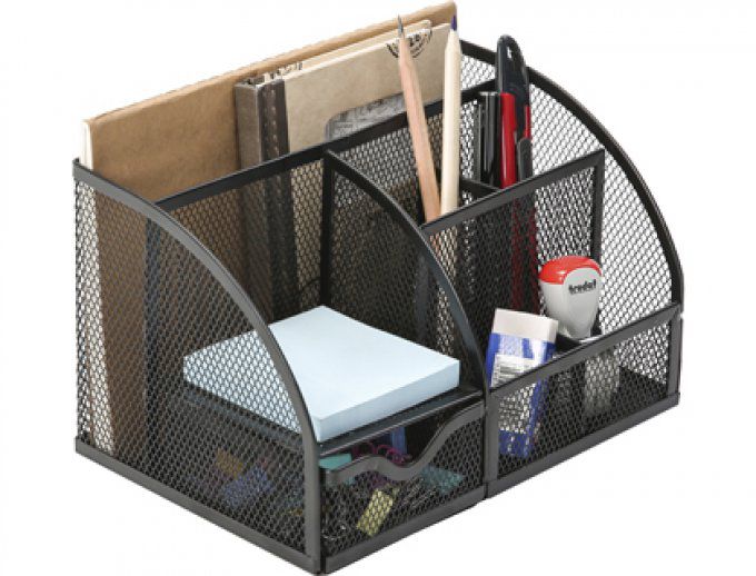 Organiseur bureau Q-CONNECT maille métallique 5 compartiments et 1 tiroir 220x140x130mm coloris gris