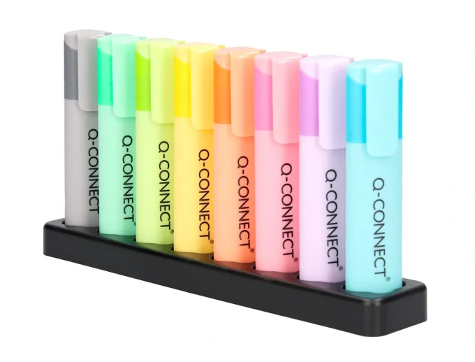 Surligneur q-connect fluorescent pastel pointe biseautee etui de bureau 8 coloris assortis.