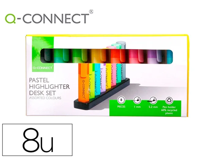 Surligneur q-connect fluorescent pastel pointe biseautee etui de bureau 8 coloris assortis.
