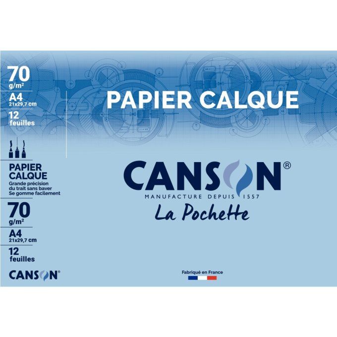 Pochette de 12 feuilles de papier calque satin format 21x29,7cm 70g. CANSON