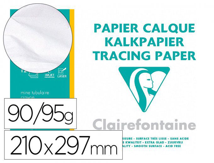 Papier calque CLAIREFONTAINE haute transparence 90/95g 21x29,7cm très résistant ne jaunit pas pochet