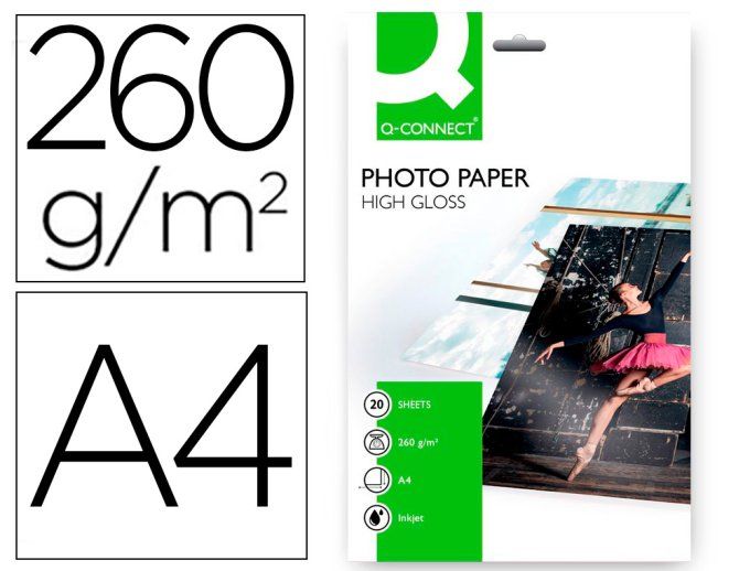 Papier photo q-connect jet d'encre glacé ultra-brillant a4 260g /m2 compatible toute imprimante