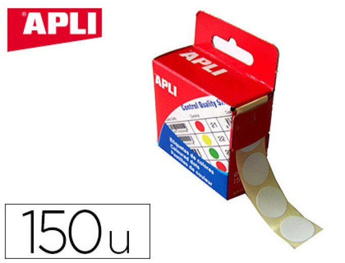 Pastille adhésive APLI AGIPA diamètre 15mm permanente coloris blanc boîte 150 unités.