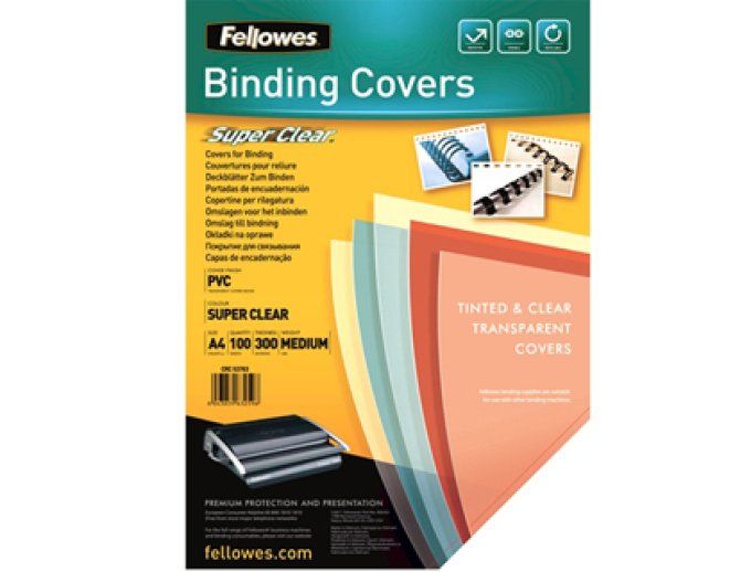 Couverture fellowes pvc transparent 300 microns format a4 pour reliure paquet 100 unités.