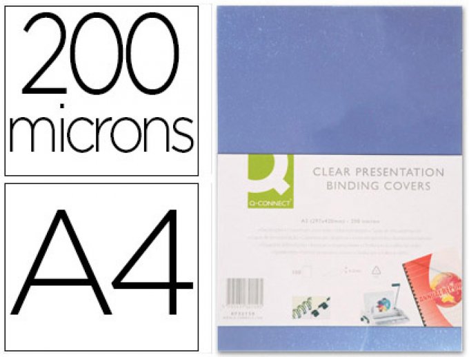 Plat couverture Q-CONNECT pvc 200 microns a4 relieurs spirales peignes anneaux incolore paquet 100 u