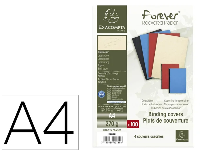 Couverture grain cuir 270 g/m² en carton. Format a4. 4 couleurs assorties. Paquet de 100 unités.