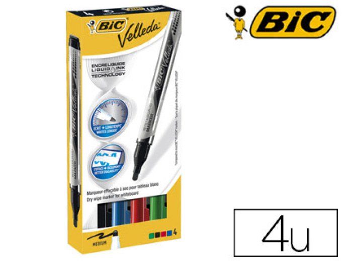 Marqueur BIC  velleda pocket effaçable pointe ogive tracé 3mm encre liquide. 4 couleurs