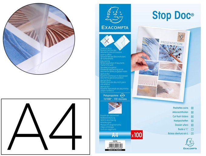 Pochette coin exacompta stop doc polypropylène lisse 11/100e a4 cristal incolore étui carton 100 uni