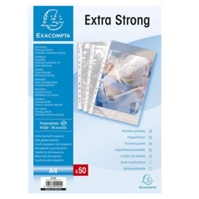 EXACOMPTA Sachet de 50 pochettes perforées très épaisses et très lisses. 9/100 ème