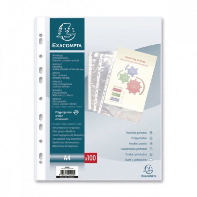 EXACOMPTA 100 Pochettes perforées A4 épaisseur de 6/100e (60 microns) Pochette lisse bande renforcée