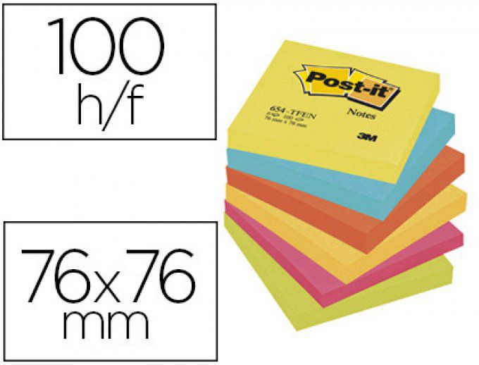 6 Blocs-notes POST-IT couleurs énergiques 76x76mm de 100f repositionnables 5 coloris assortis 