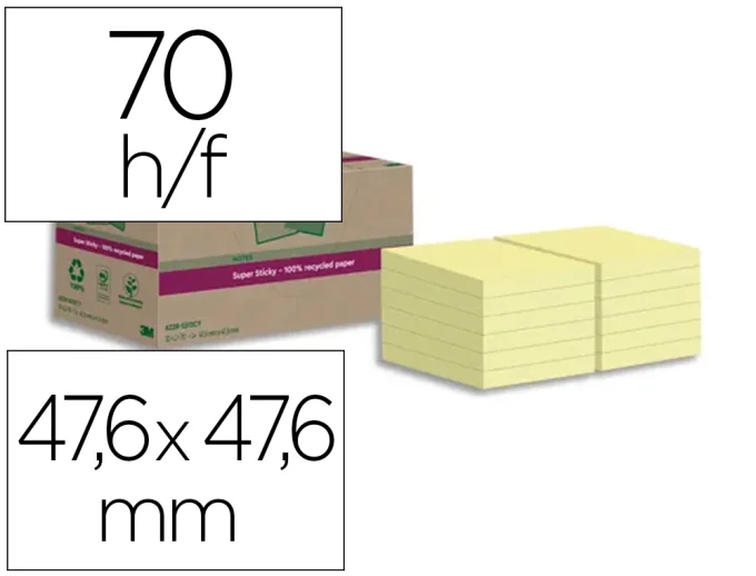 Lot de 12 POST-IT  super sticky 100% recycles 47,6x47,6mm 70f repositionnables coloris.