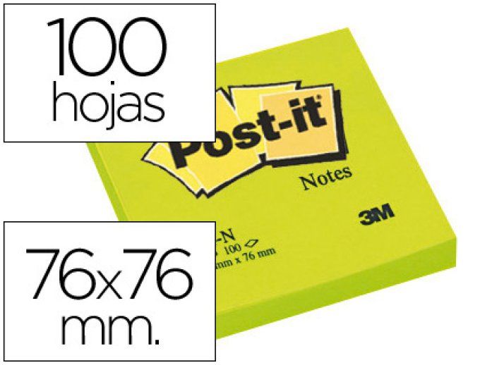 Bloc-notes POST-IT couleur néon 76x76mm 100f repositionnables coloris vert fluo.