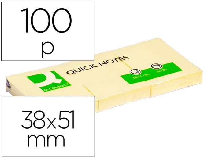 3 Bloc-notes Q-CONNECT quick notes 38x51mm 100f par bloc  repositionnables coloris jaune.
