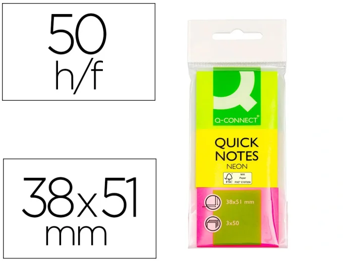 Bloc-notes q-connect couleurs néon 38x51mm 50f repositionnables coloris assortis 3 blocs.