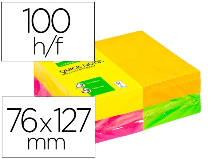 Bloc-notes q-connect quick notes couleurs néon rainbow 76x127mm 100f repositionnables 