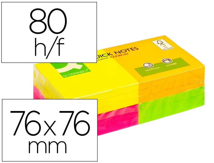 Bloc-notes q-connect quick notes couleurs néon rainbow 76x76mm 80f repositionnables rose/orange/vert