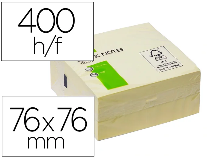 Bloc-notes q-connect cube quick notes 76x76mm 400f repositionnables sans traces coloris jaune.