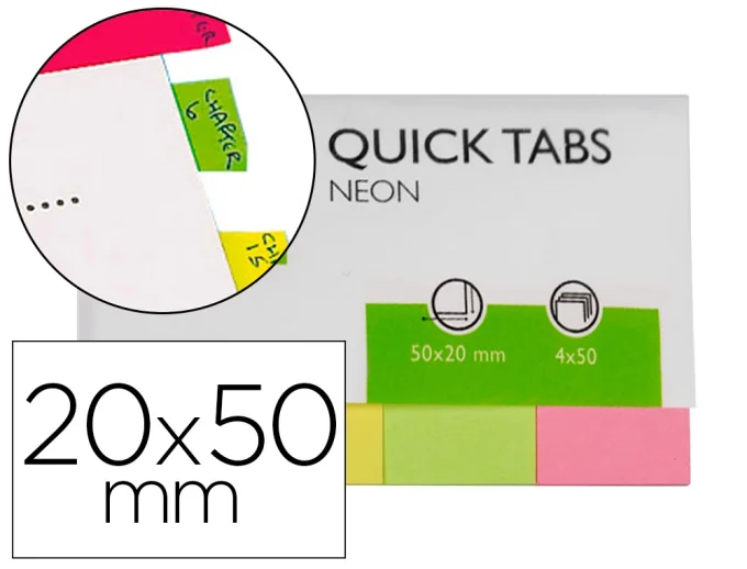 Marque-pages Q-CONNECT 20x50mm 200f repositionnable coloris fluorescents pochette 4 blocs 50f.