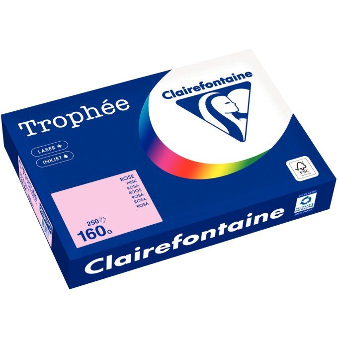 Ramette papier a4 160g/m2 CLAIREFONTAINE trophée multifonction rose pastel 250 feuilles.