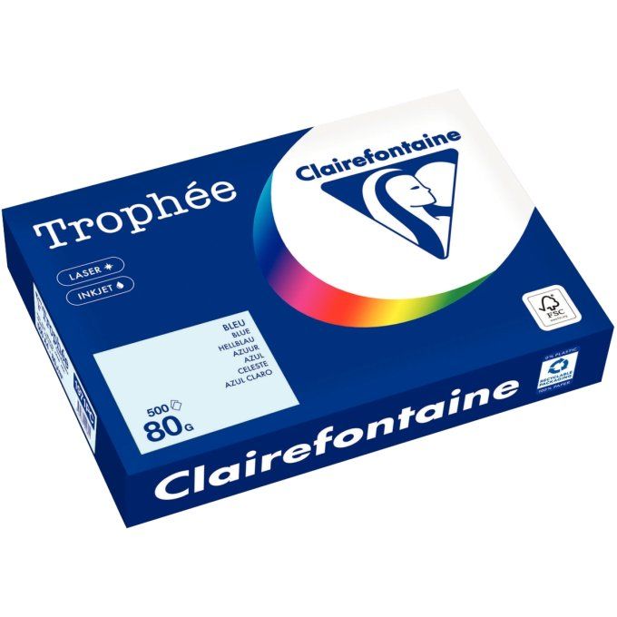 Ramette papier A4 80g/m2 couleur CLAIREFONTAINE  trophée multifonction bleu pastel 500 feuilles.