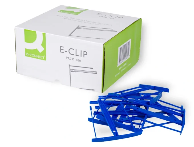 Relieur fasteneur q-connect plastique e-clips couleur bleue boîte 100 unités.