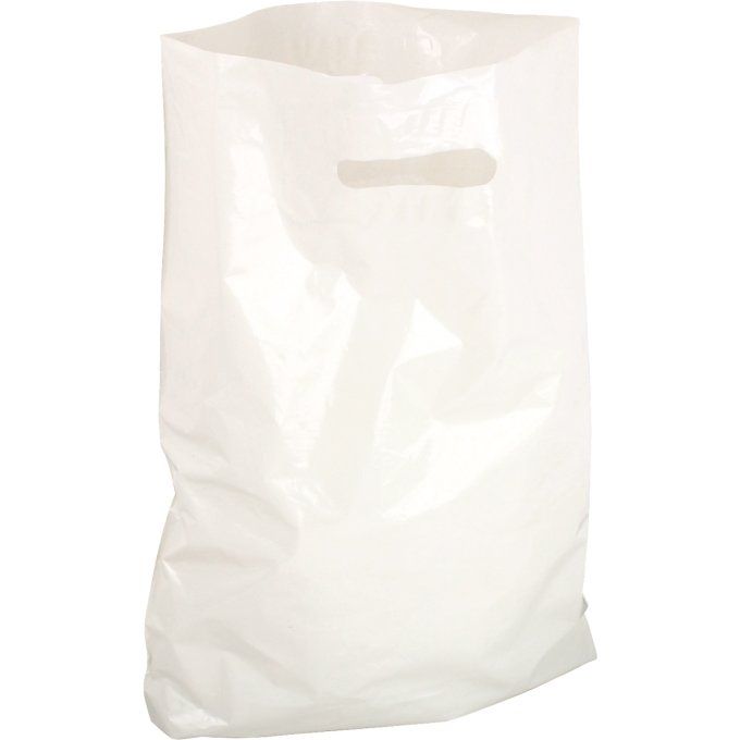 Paquet de 100 sacs plastique blanc 35x45x4cm. 50 microns. Poignées découpées renforcées.