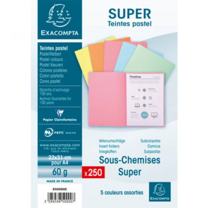 Sous-chemise EXACOMPTA super 220x310mm 60g coloris assortis pack 250 unités.