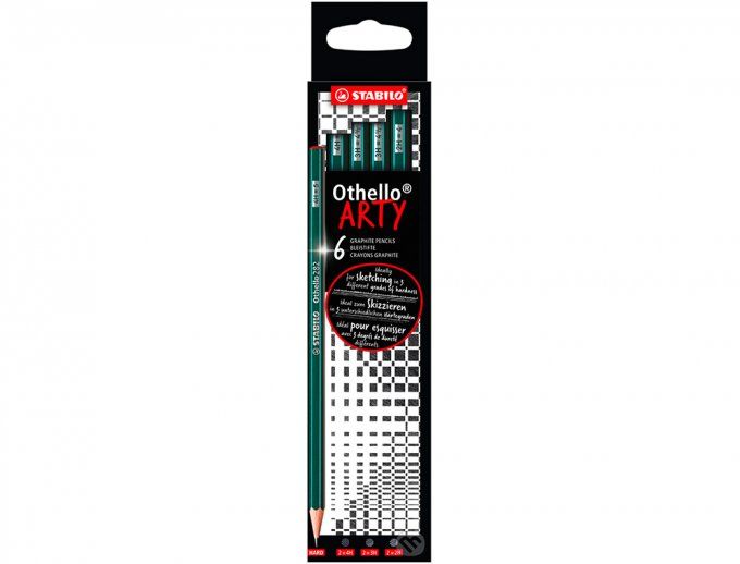 Crayon graphite STABILO othello arty hexagonal mine dure et tendre etui carton 6 unités assorties.