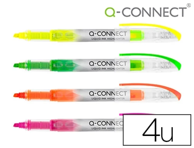 Surligneur Q-CONNECT slim liquid ink non rechargeable pointe biseautée couleurs assorties pochette 4