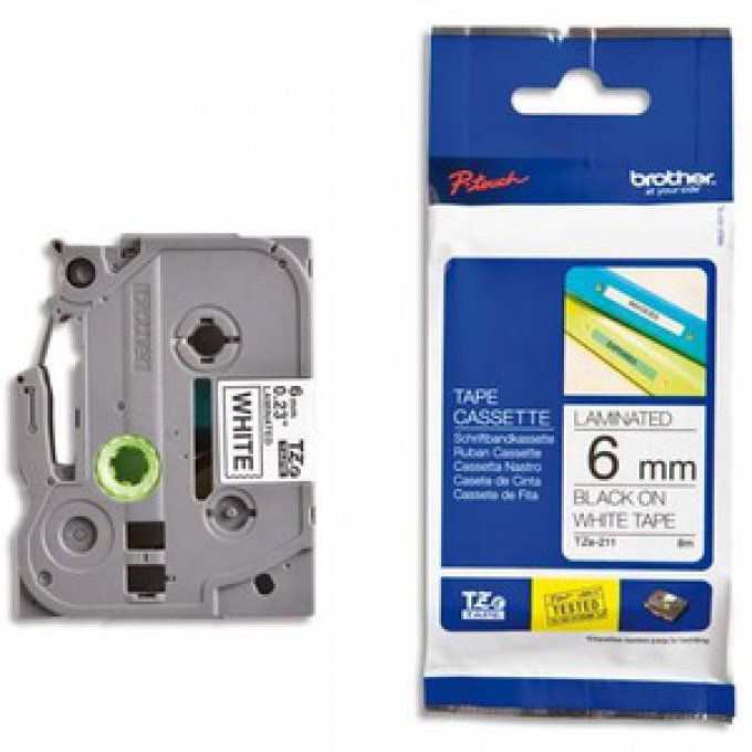 BROTHER Ruban TZe211 (8m) 6mm Laminé Noir /Blanc