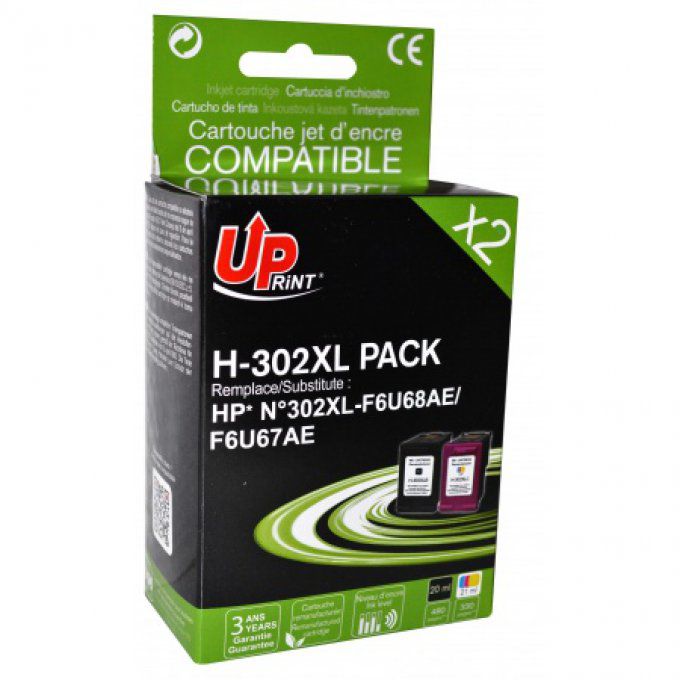 HP N°302XL pack Noir + couleur remanufacturé- F6U68AE / F6U67AE UPRINT Pack
