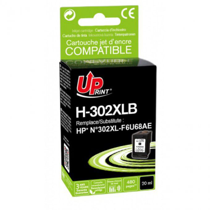 HP N°302XL Noir remanufacturé - F6U68AE. UPRINT H-302XLB BK CARTOUCHE COMPATIBLE