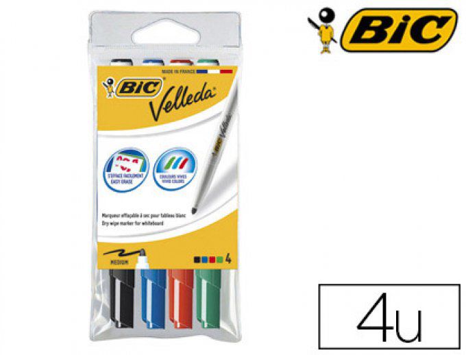 Marqueur BIC  velleda 1741 effaçable pointe ogive tracé 2mm encre cétone format stylo 4u